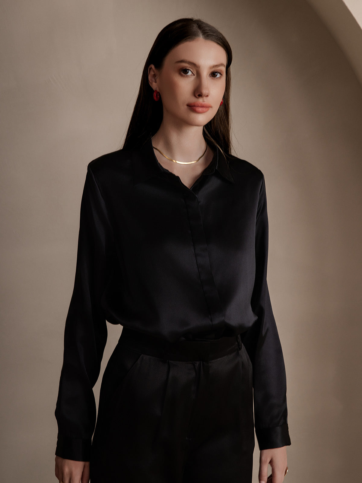 [Black] SilkSilky-CA 19Momme Silk Lapel Collar Women's Shirt 004