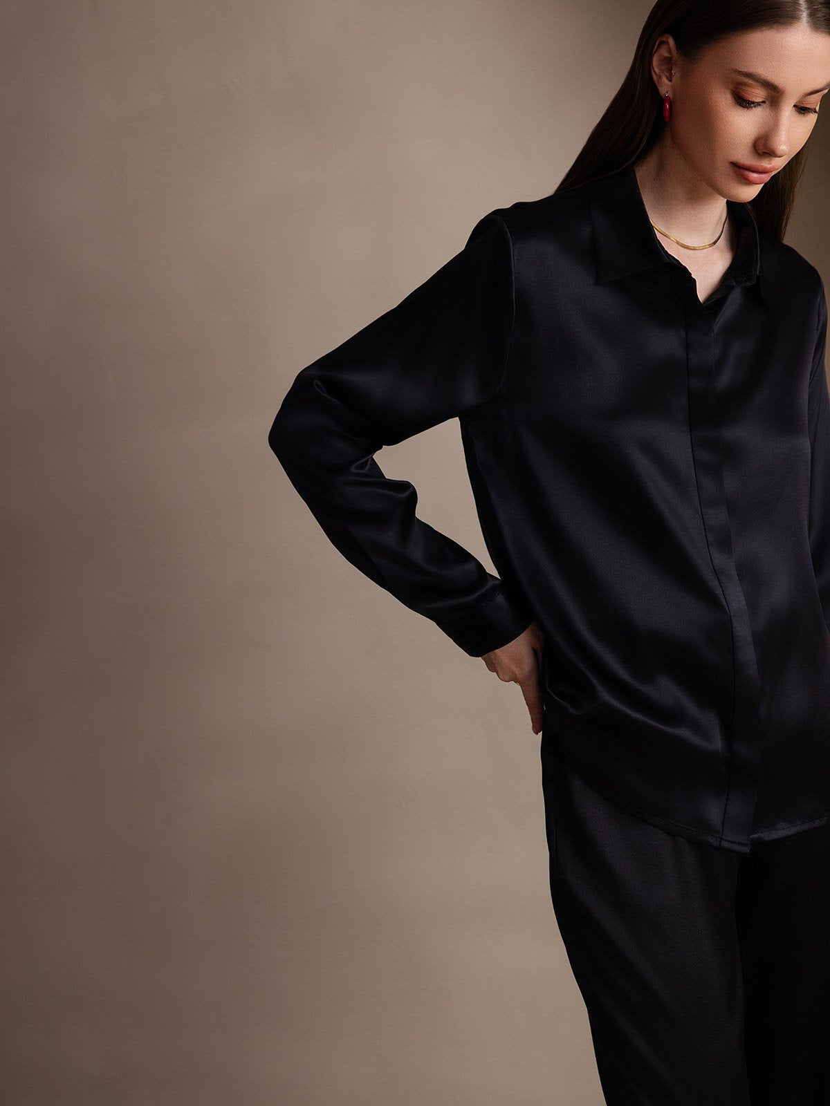 [Black] SilkSilky-CA 19Momme Silk Lapel Collar Women's Shirt 005