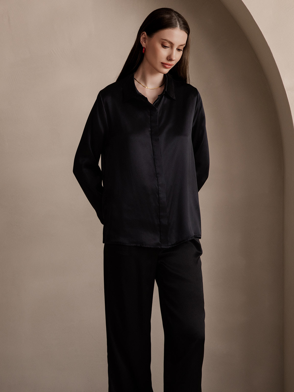 [Black] SilkSilky-CA 19Momme Silk Lapel Collar Women's Shirt 005