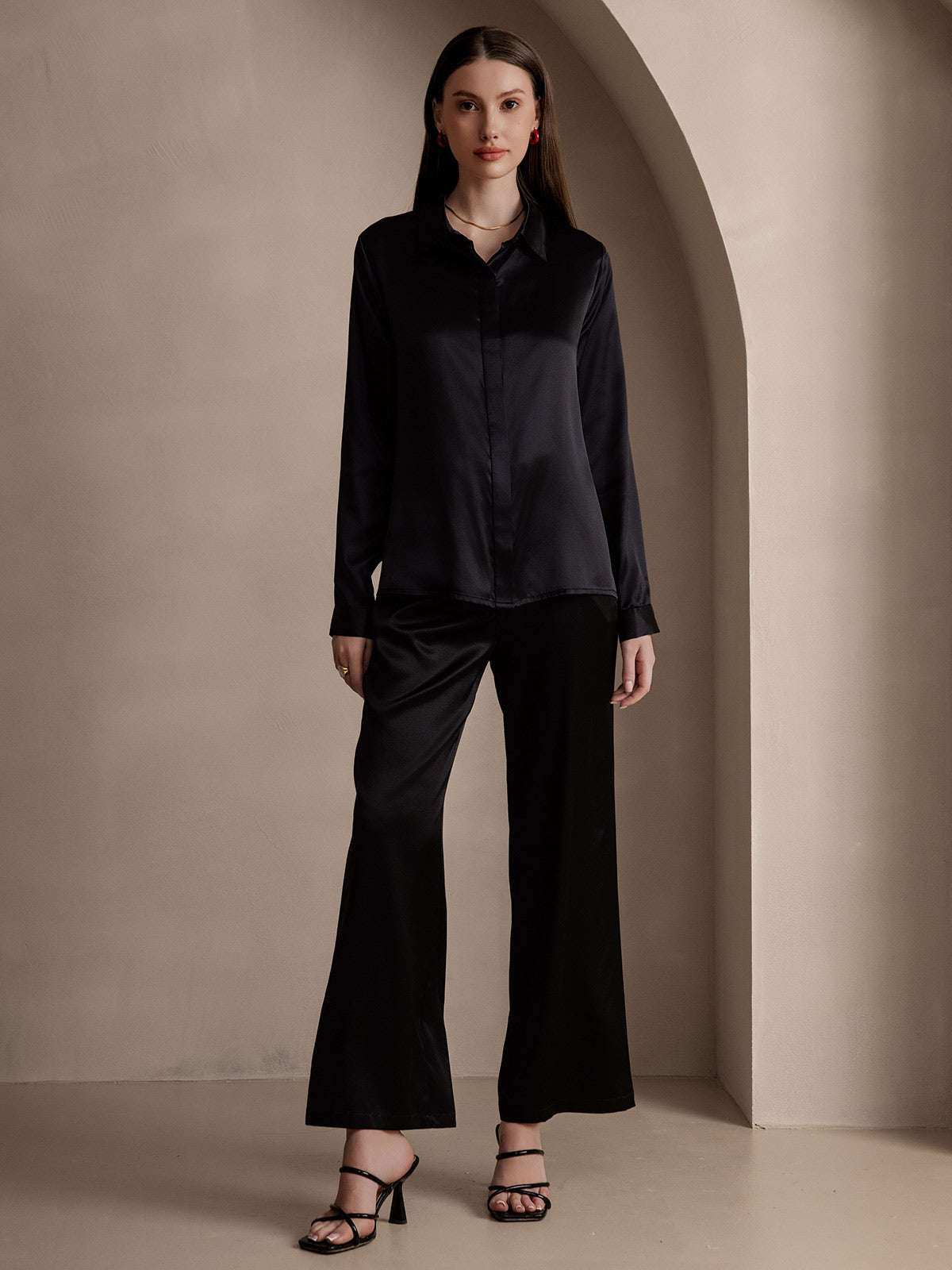 [Black] SilkSilky-CA 19Momme Silk Lapel Collar Women's Shirt 006