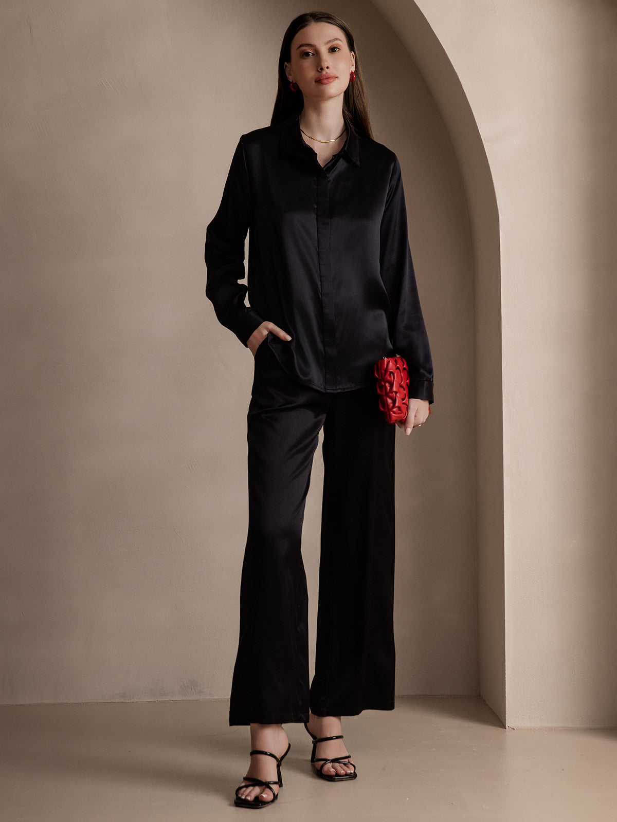 [Black] SilkSilky-CA 19Momme Silk Lapel Collar Women's Shirt 007