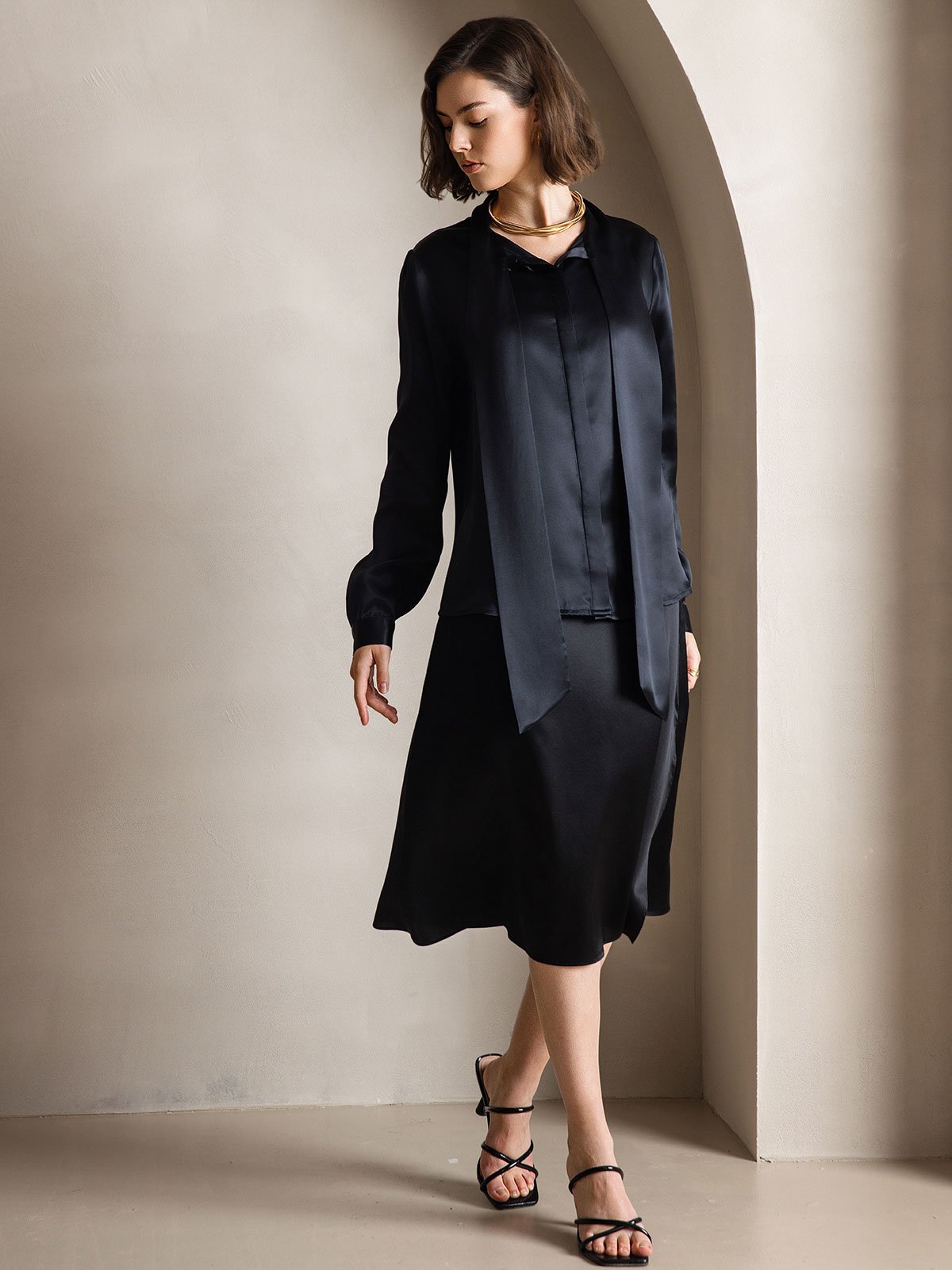 [Black] SilkSilky-CA 19Momme Silk Long Sleeve Tie Neck Women's Shirt 001