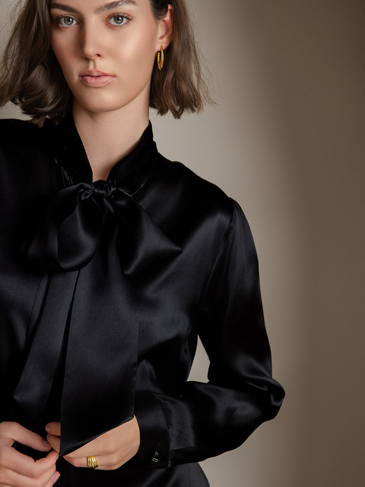 [Black] SilkSilky-CA 19Momme Silk Long Sleeve Tie Neck Women's Shirt 002
