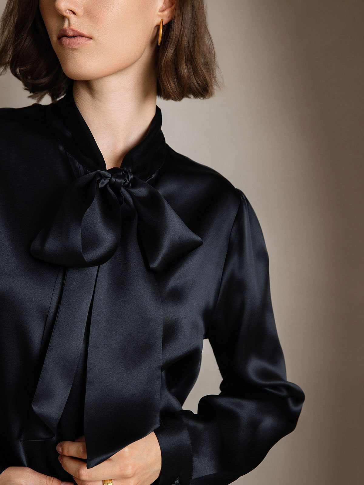 [Black] SilkSilky-CA 19Momme Silk Long Sleeve Tie Neck Women's Shirt 002