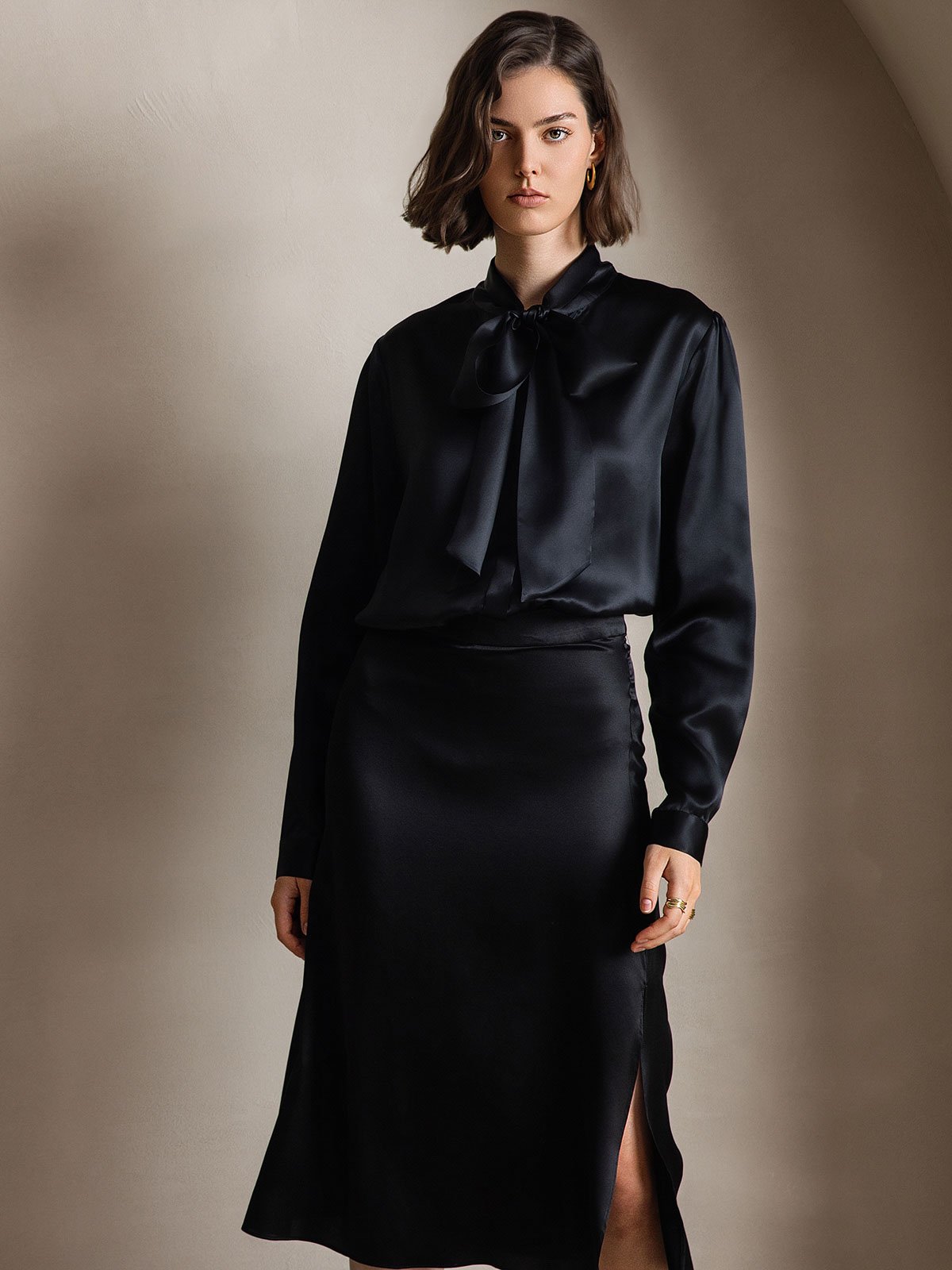 [Black] SilkSilky-CA 19Momme Silk Long Sleeve Tie Neck Women's Shirt 003