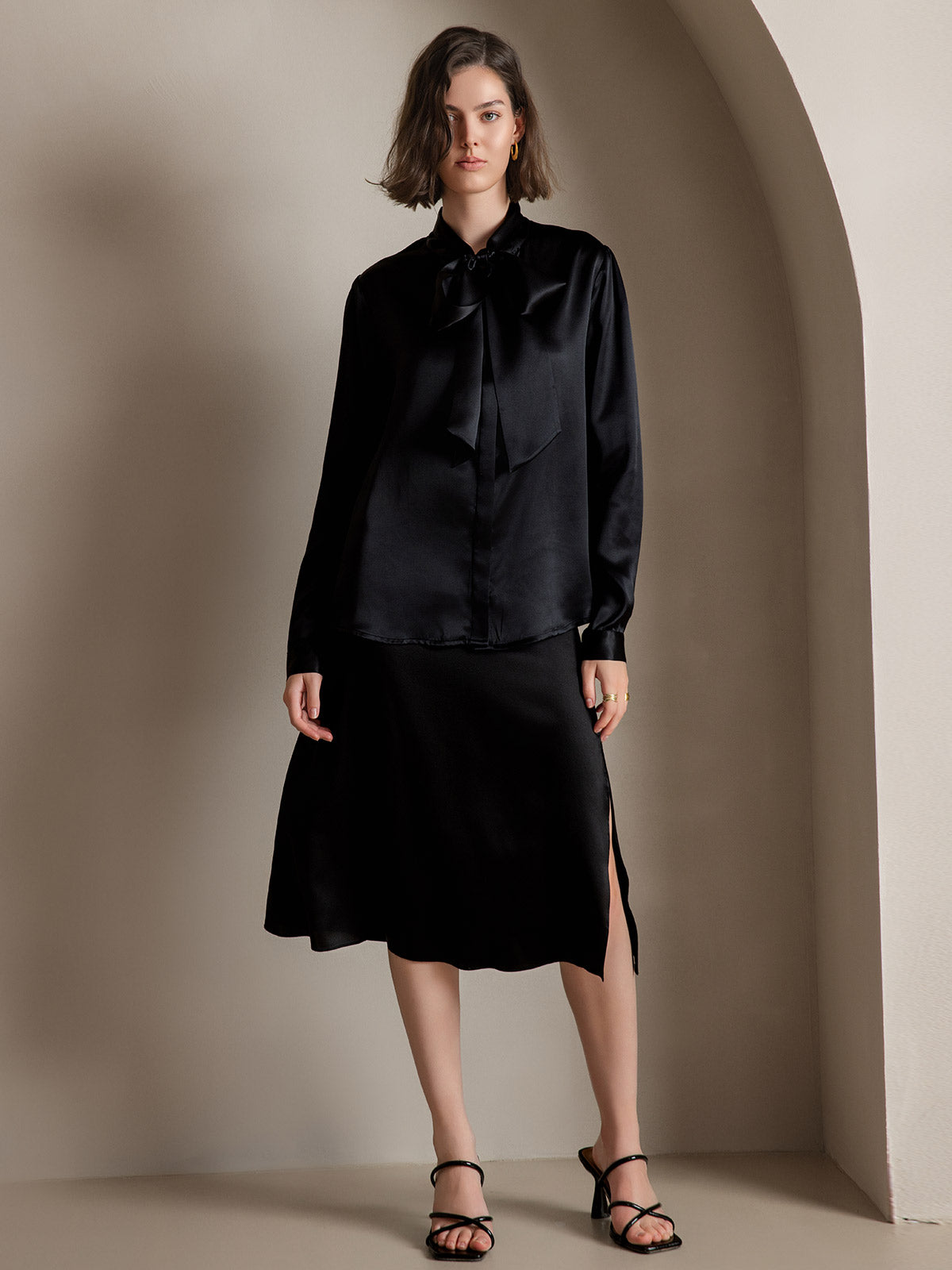 [Black] SilkSilky-CA 19Momme Silk Long Sleeve Tie Neck Women's Shirt 004