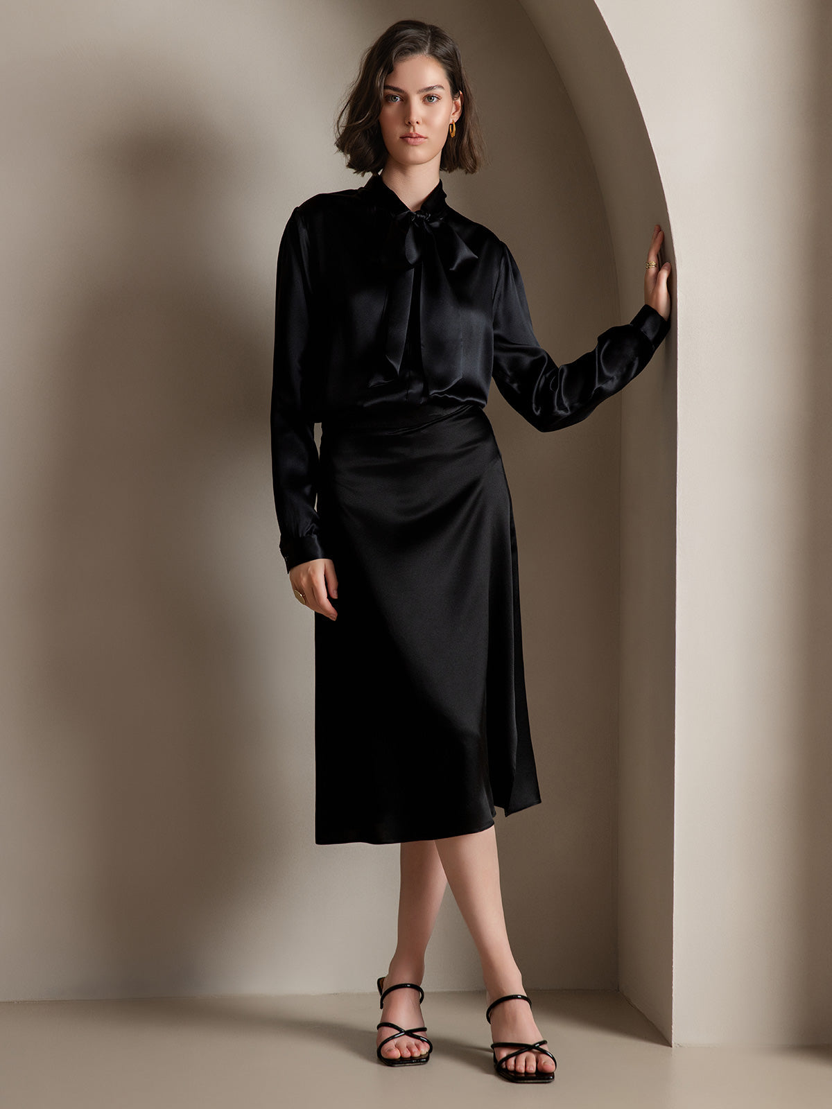 [Black] SilkSilky-CA 19Momme Silk Long Sleeve Tie Neck Women's Shirt 005