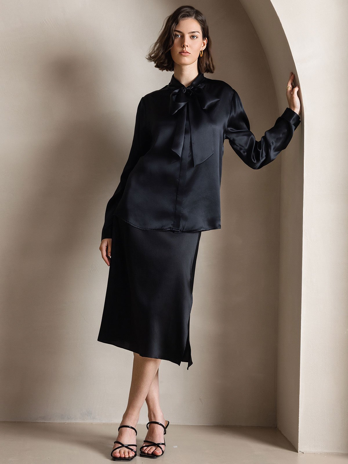 [Black] SilkSilky-CA 19Momme Silk Long Sleeve Tie Neck Women's Shirt 005
