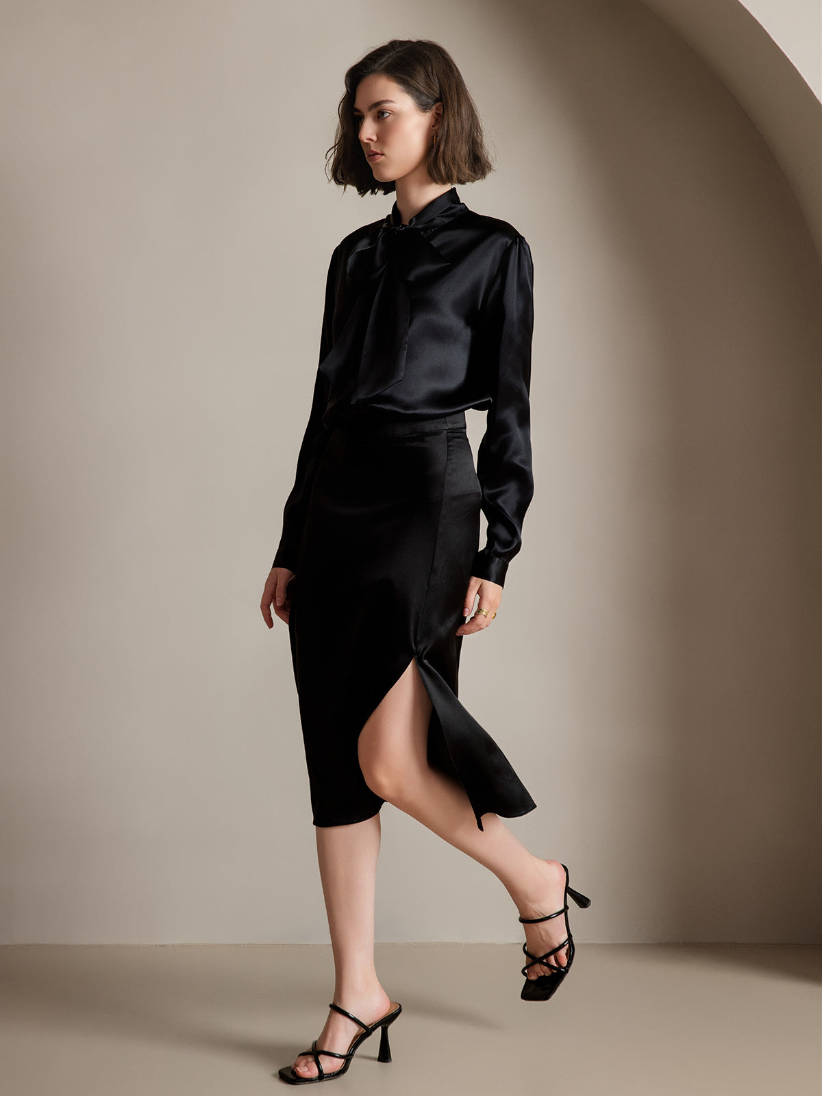 [Black] SilkSilky-CA 19Momme Silk Long Sleeve Tie Neck Women's Shirt 006