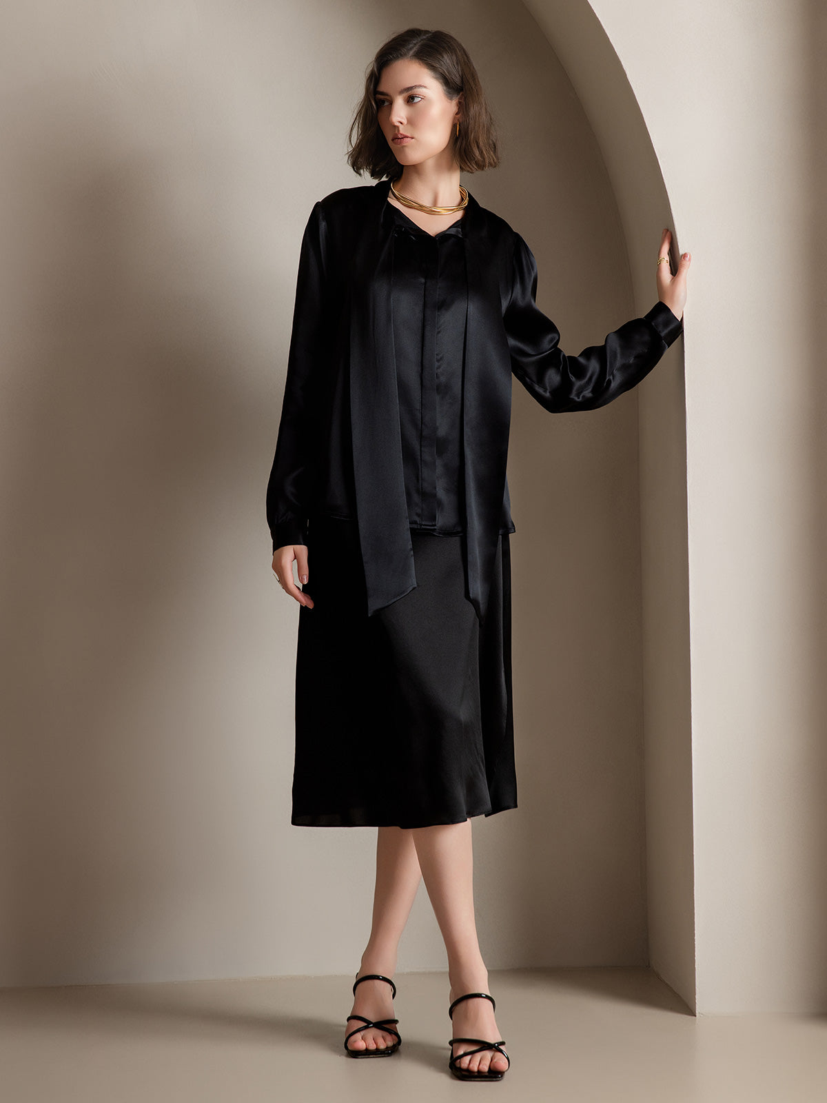 [Black] SilkSilky-CA 19Momme Silk Long Sleeve Tie Neck Women's Shirt 007