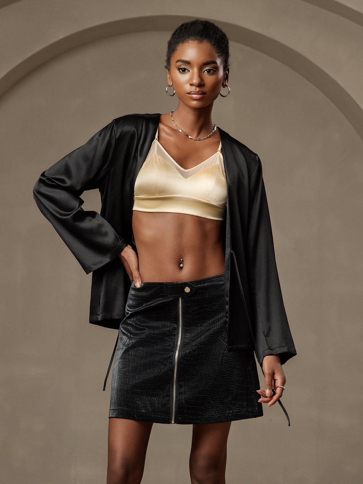 [Black] SilkSilky-CA 19Momme Silk Long Sleeve Womens Outerwear 001