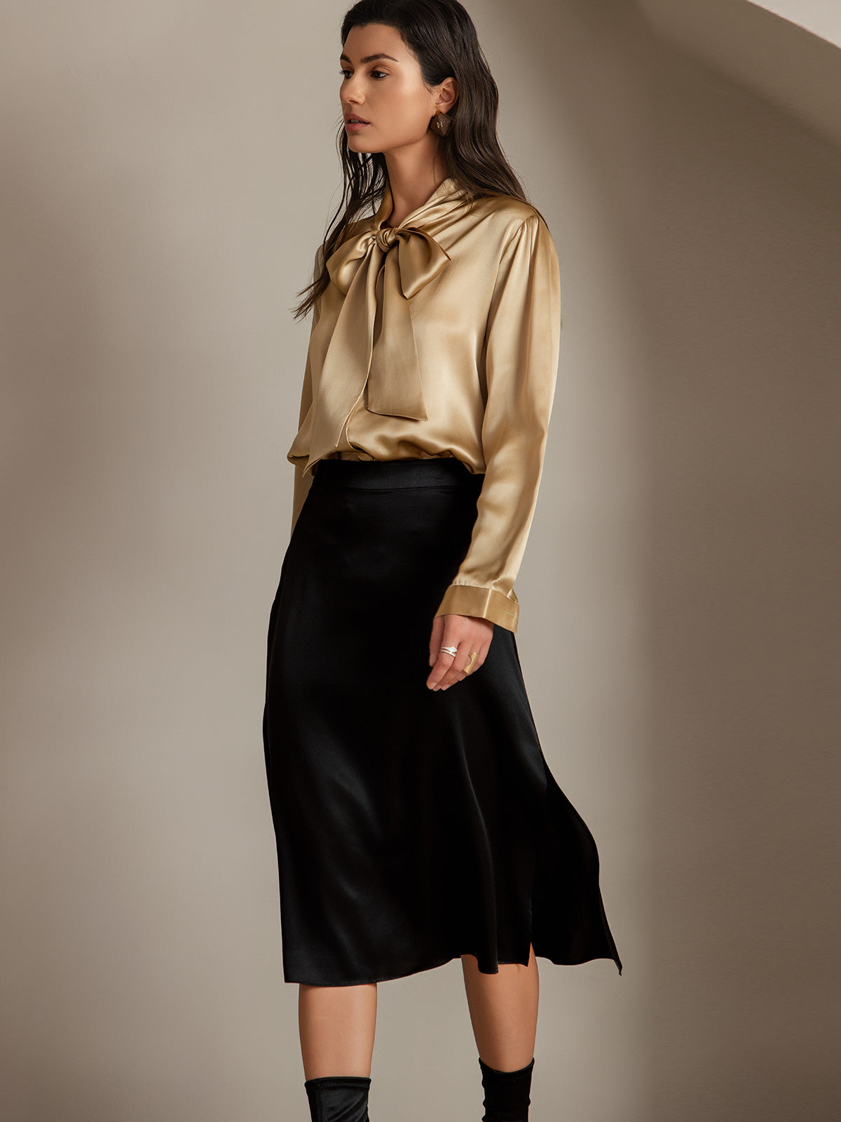 [Black] SilkSilky-CA 19Momme Silk Skirt 004