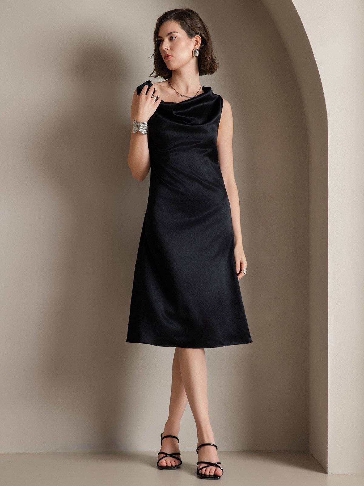 [Black] SilkSilky-CA 19Momme Silk Sleeveless Cowl Neck Dress 001