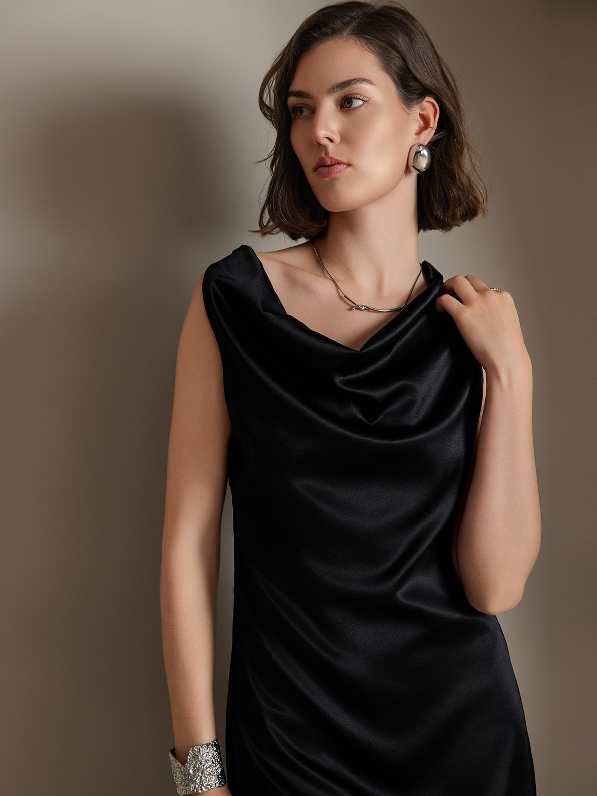 [Black] SilkSilky-CA 19Momme Silk Sleeveless Cowl Neck Dress 003