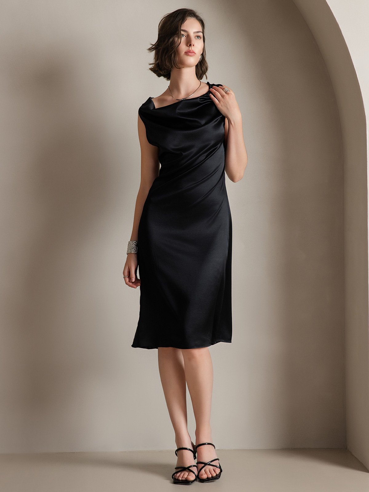 [Black] SilkSilky-CA 19Momme Silk Sleeveless Cowl Neck Dress 005