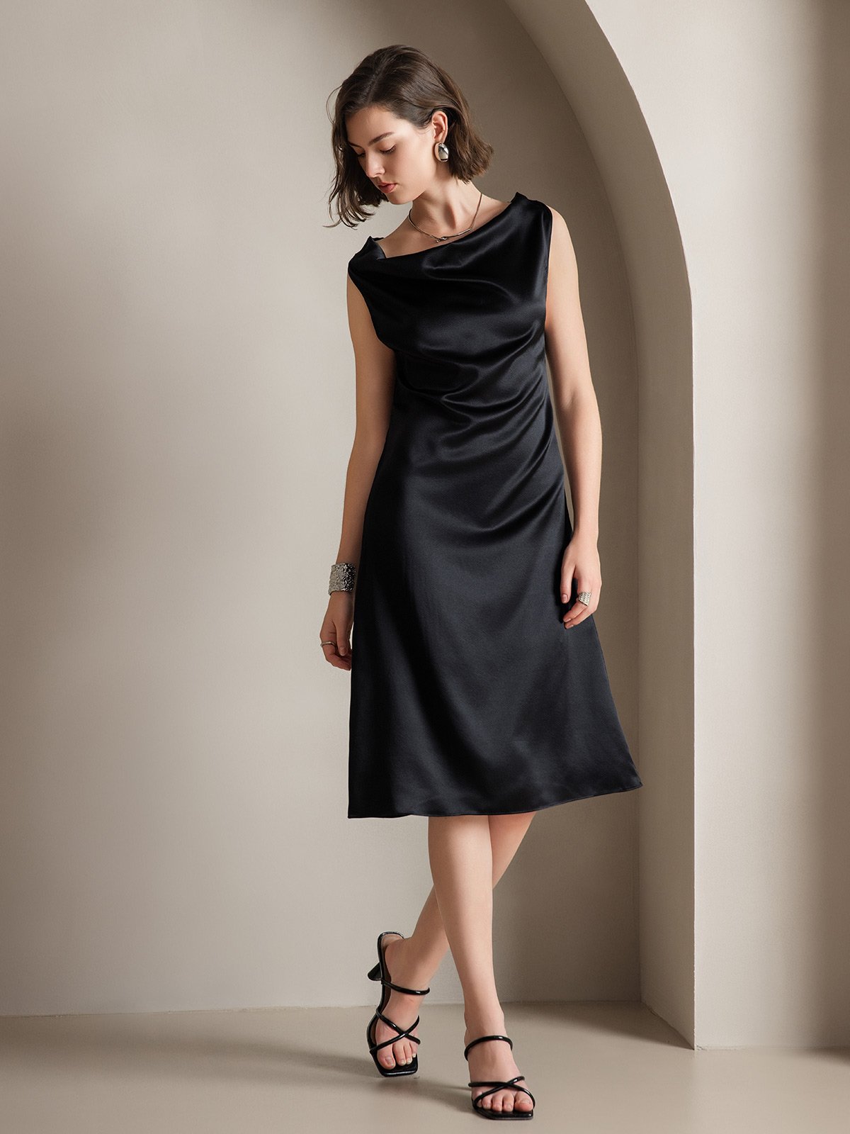 [Black] SilkSilky-CA 19Momme Silk Sleeveless Cowl Neck Dress 006