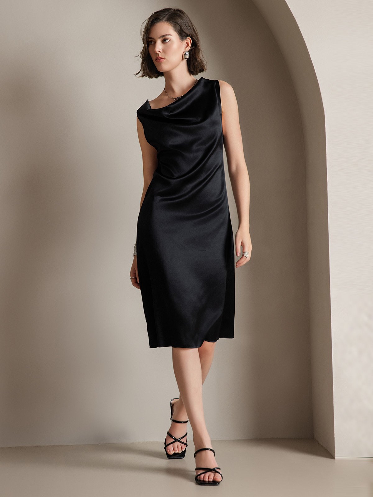 [Black] SilkSilky-CA 19Momme Silk Sleeveless Cowl Neck Dress 007