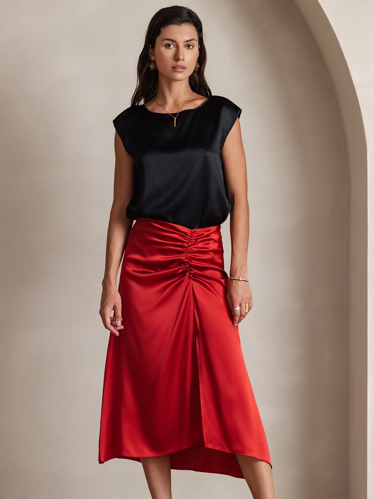 [Black] SilkSilky-CA 19Momme Silk Sleeveless Round Neck Women's T-Shirt 003