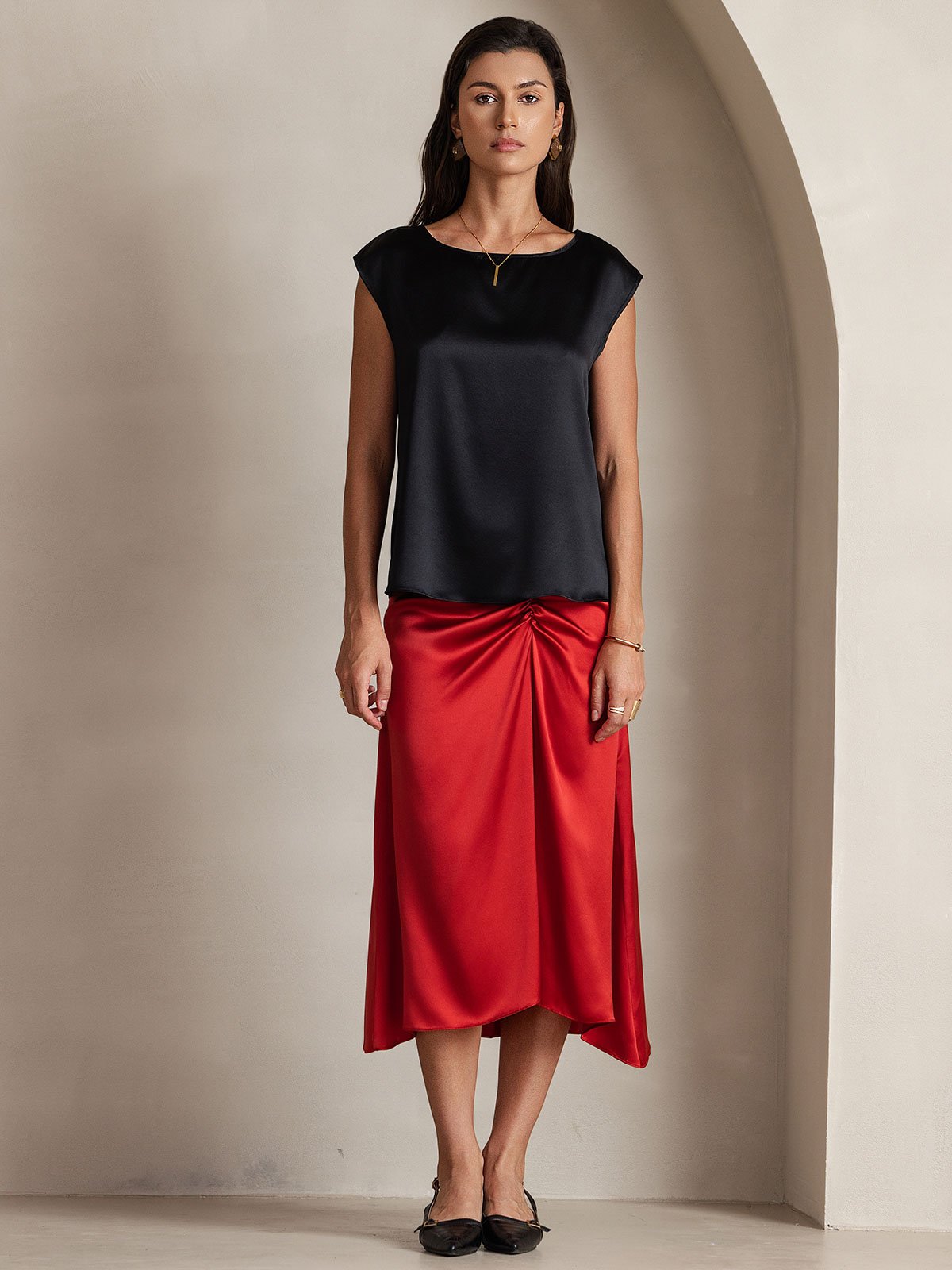 [Black] SilkSilky-CA 19Momme Silk Sleeveless Round Neck Women's T-Shirt 004