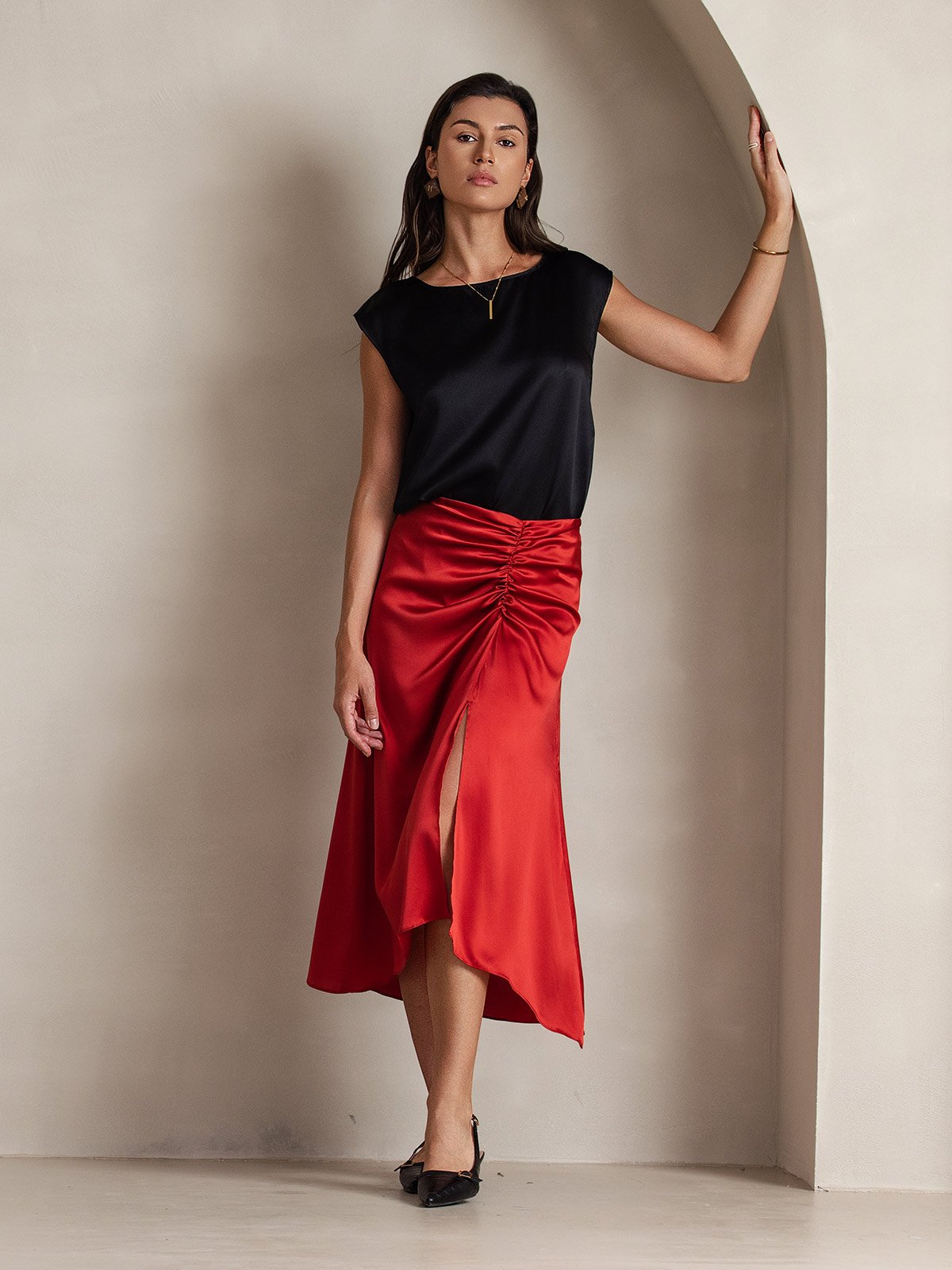 [Black] SilkSilky-CA 19Momme Silk Sleeveless Round Neck Women's T-Shirt 007
