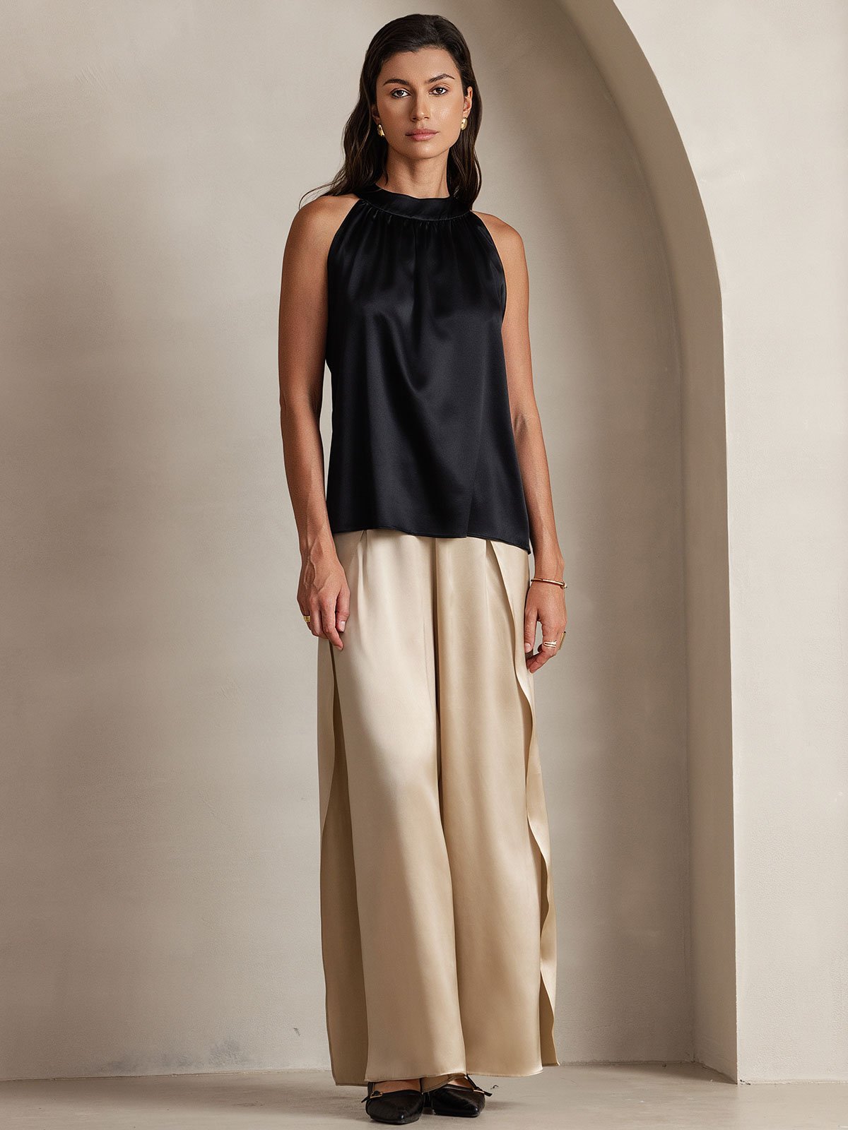 [Black] SilkSilky-CA 19Momme Silk Sleeveless Womens T-Shirt 001