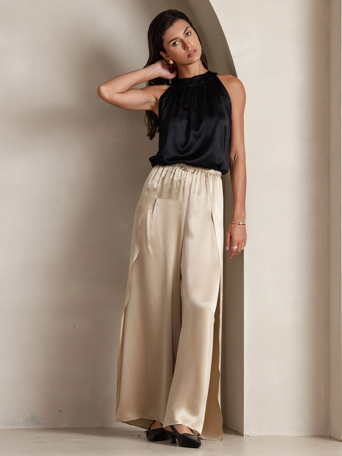[Black] SilkSilky-CA 19Momme Silk Sleeveless Womens T-Shirt 005