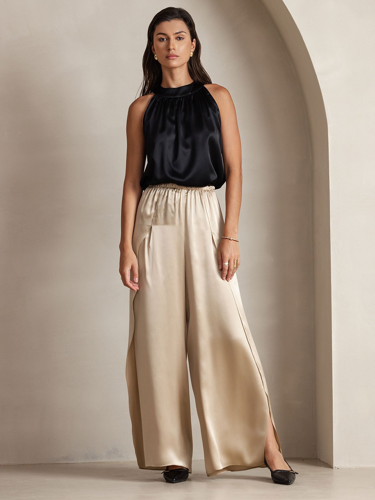 [Black] SilkSilky-CA 19Momme Silk Sleeveless Womens T-Shirt 006