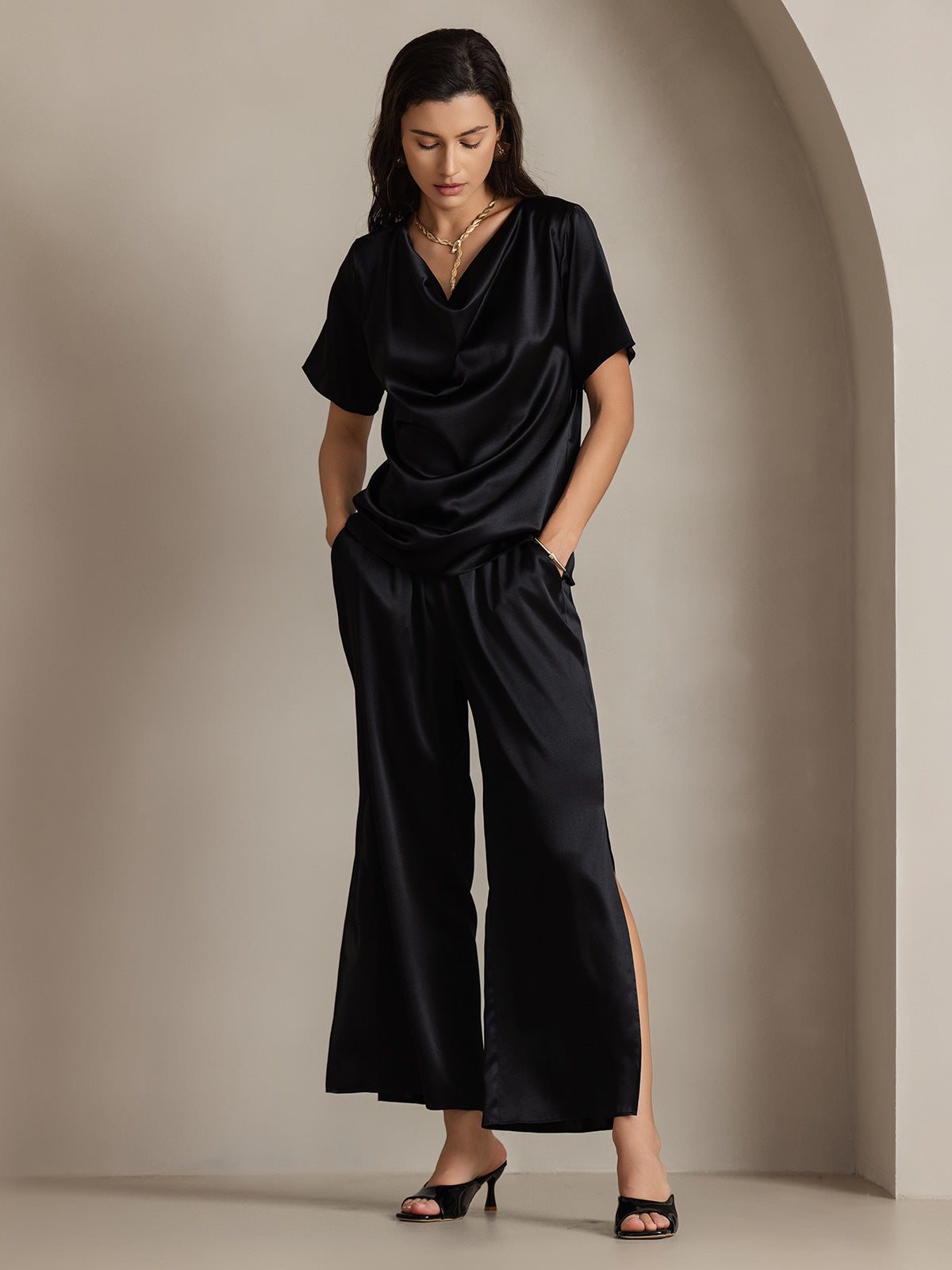 [Black] SilkSilky-CA 19Momme Silk Womens Pants 006