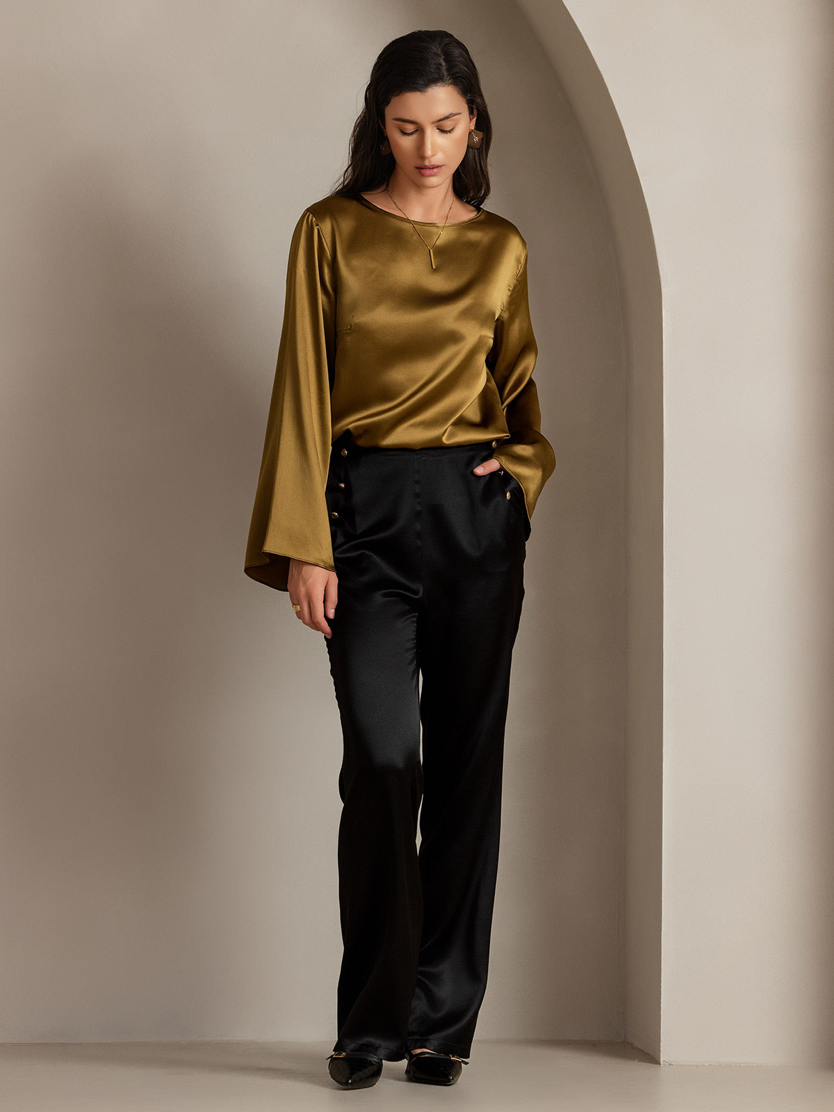 [Black] SilkSilky-CA 19Momme Silk Womens Pants 007