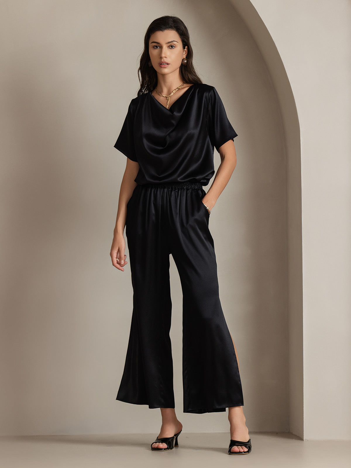 [Black] SilkSilky-CA 19Momme Silk Womens Pants 007