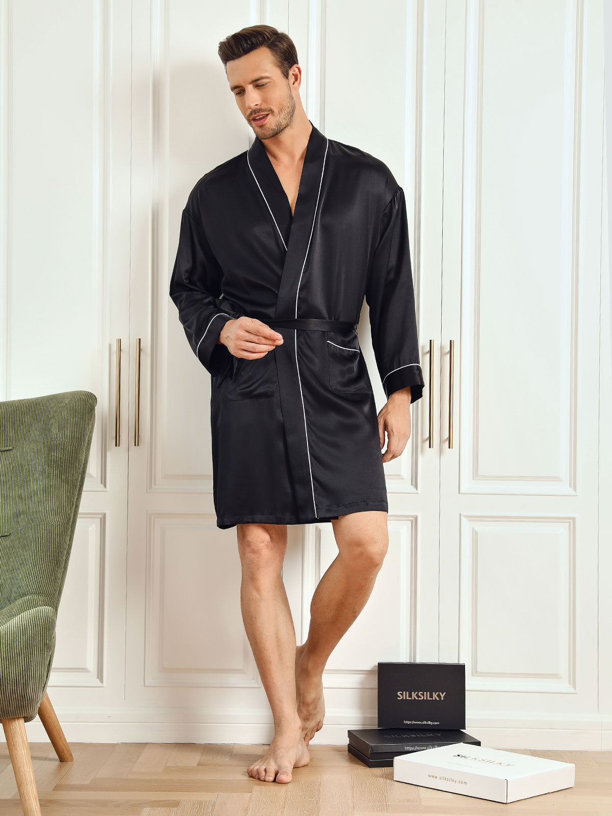 [Black] SilkSilky-CA Pure Silk 3/4 Sleeve Mens Robe 003