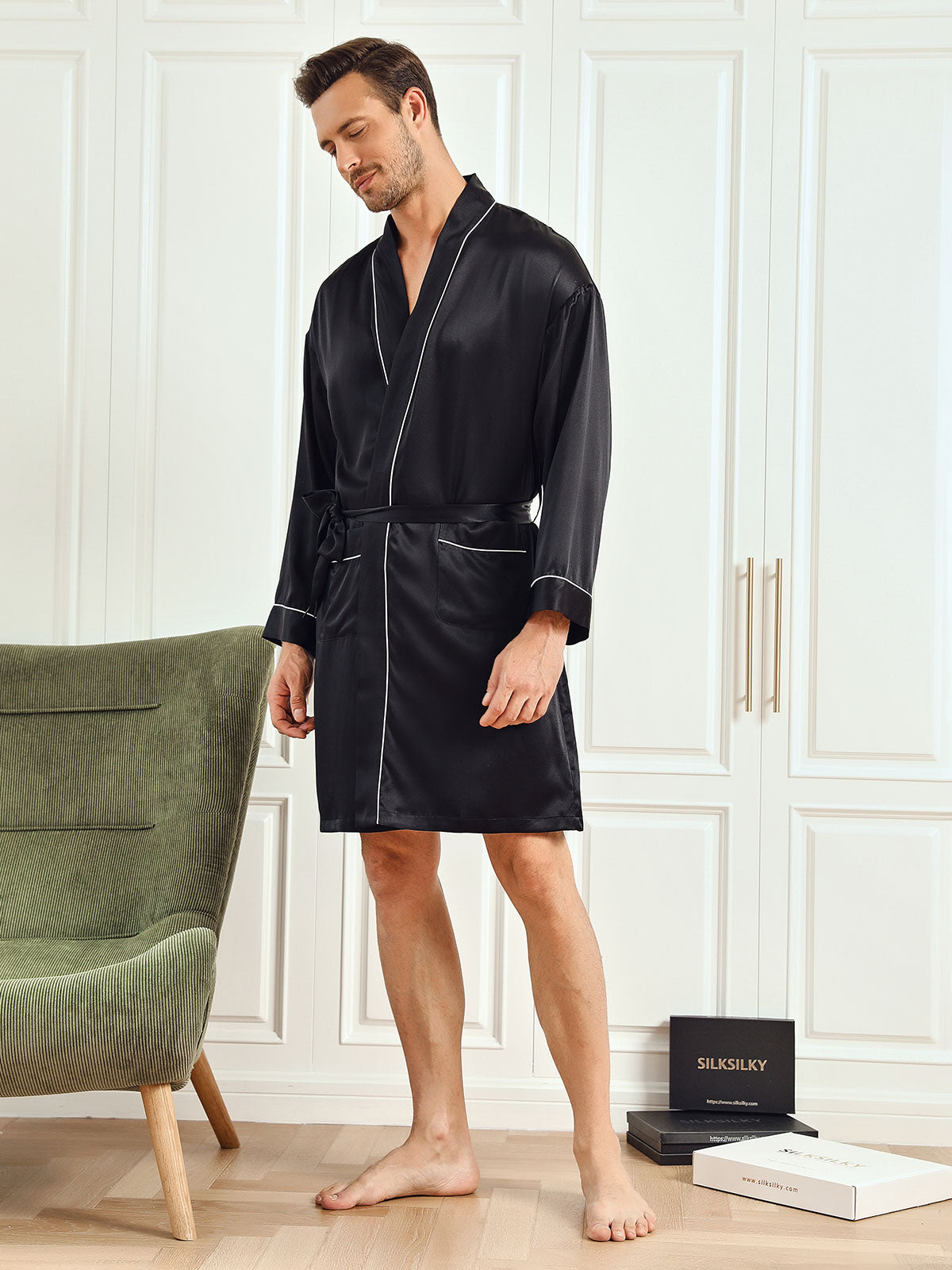 [Black] SilkSilky-CA Pure Silk 3/4 Sleeve Mens Robe 005