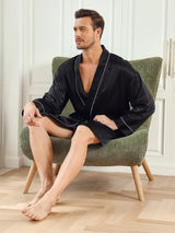 [Black] SilkSilky-CA Pure Silk 3/4 Sleeve Mens Robe 007