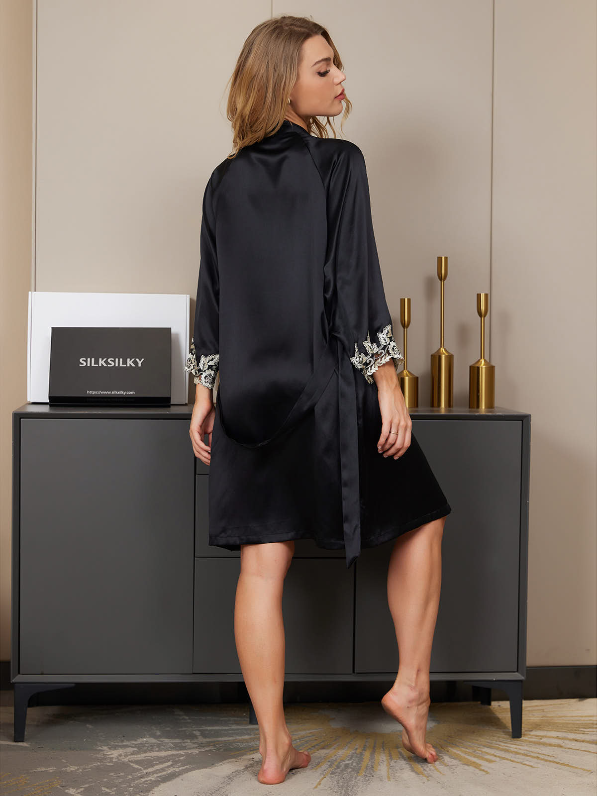 [Black] SilkSilky-CA Pure Silk 3/4 Sleeve Womens Robe 002