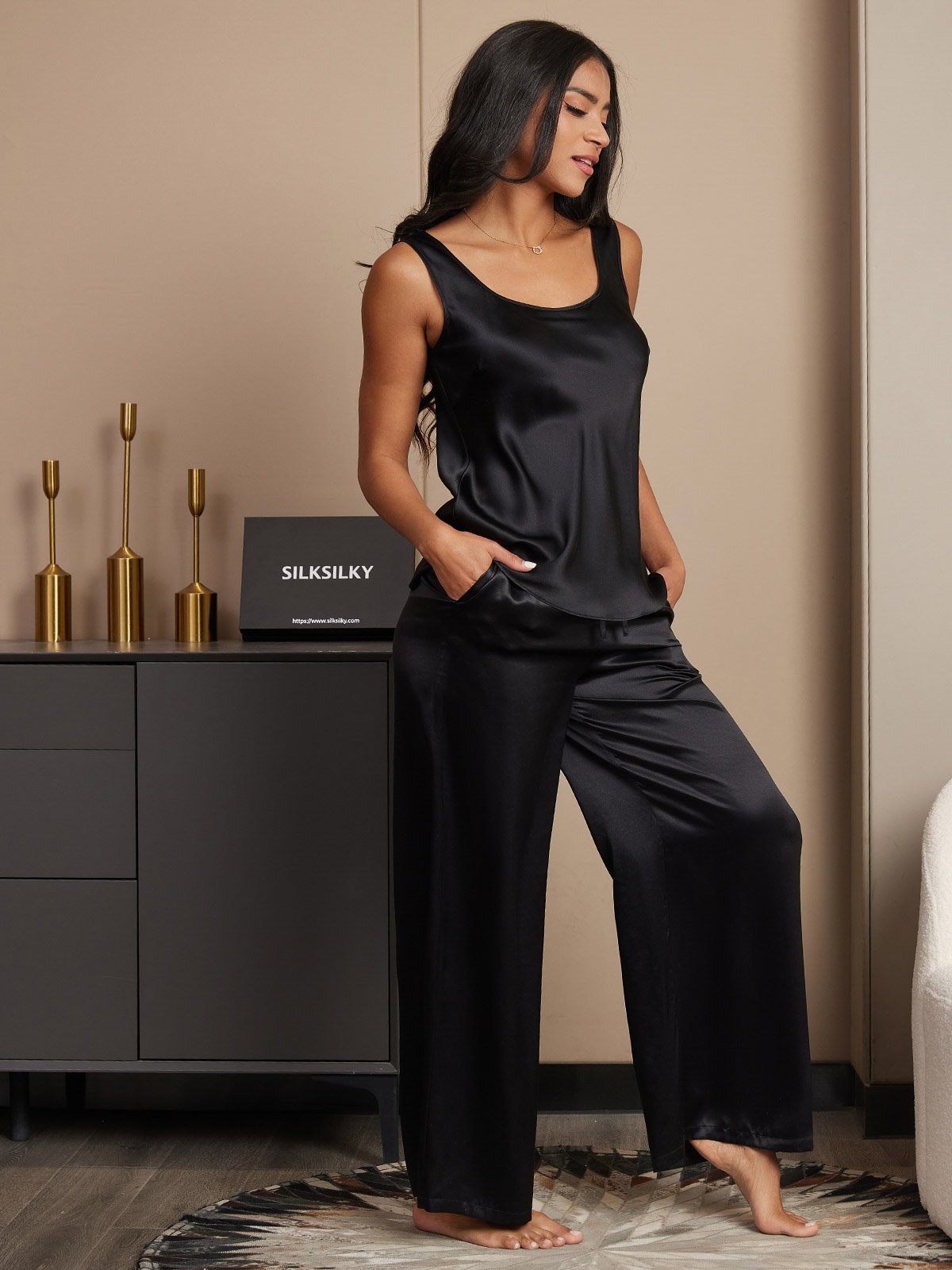 [Black] SilkSilky-CA Pure Silk Boat Neck Camisole Set 004