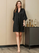[Black] SilkSilky-CA Pure Silk Half Sleeve Nightgown&Robe Set 005