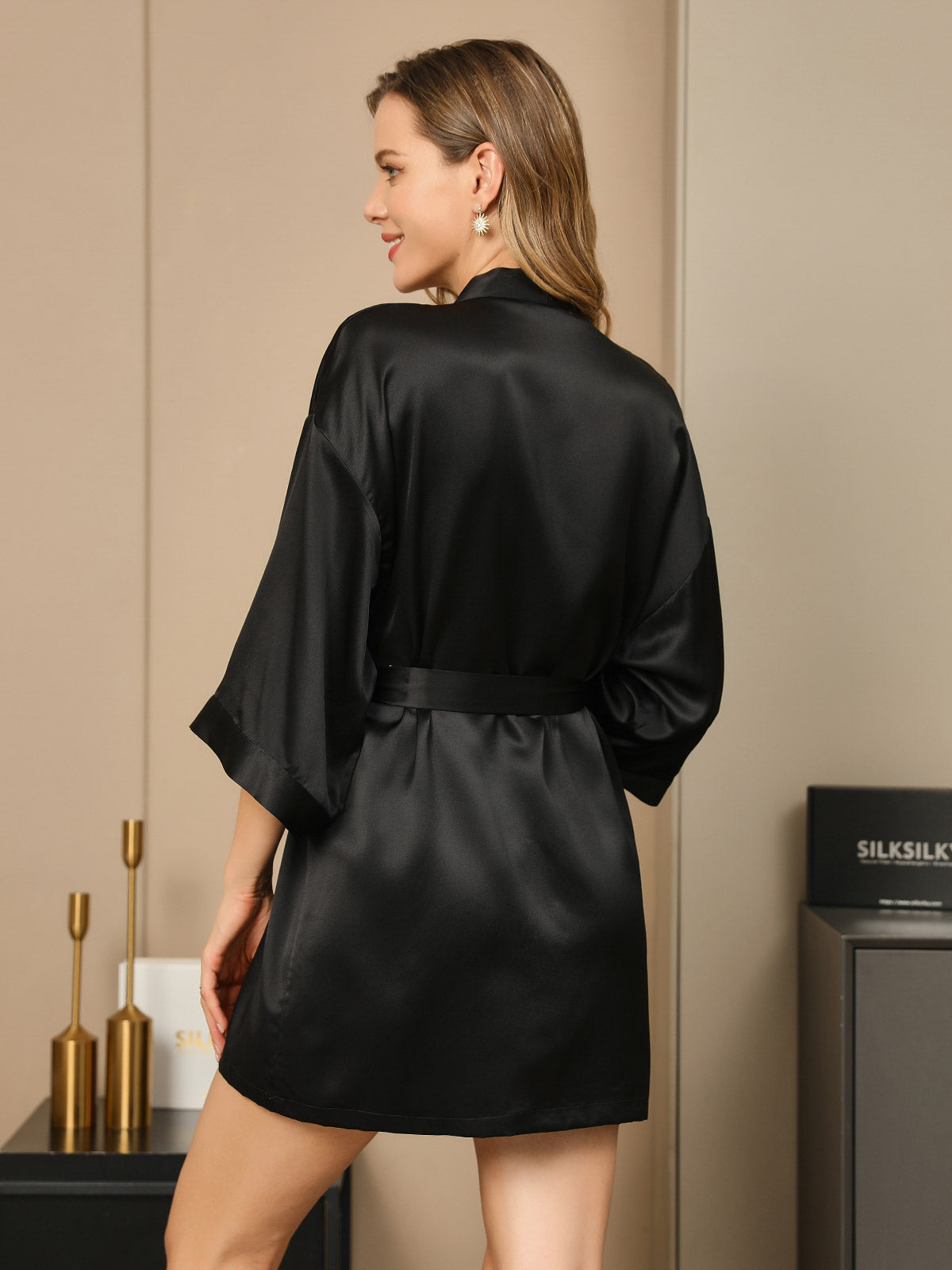 [Black] SilkSilky-CA Pure Silk Half Sleeve Womens Robe 005