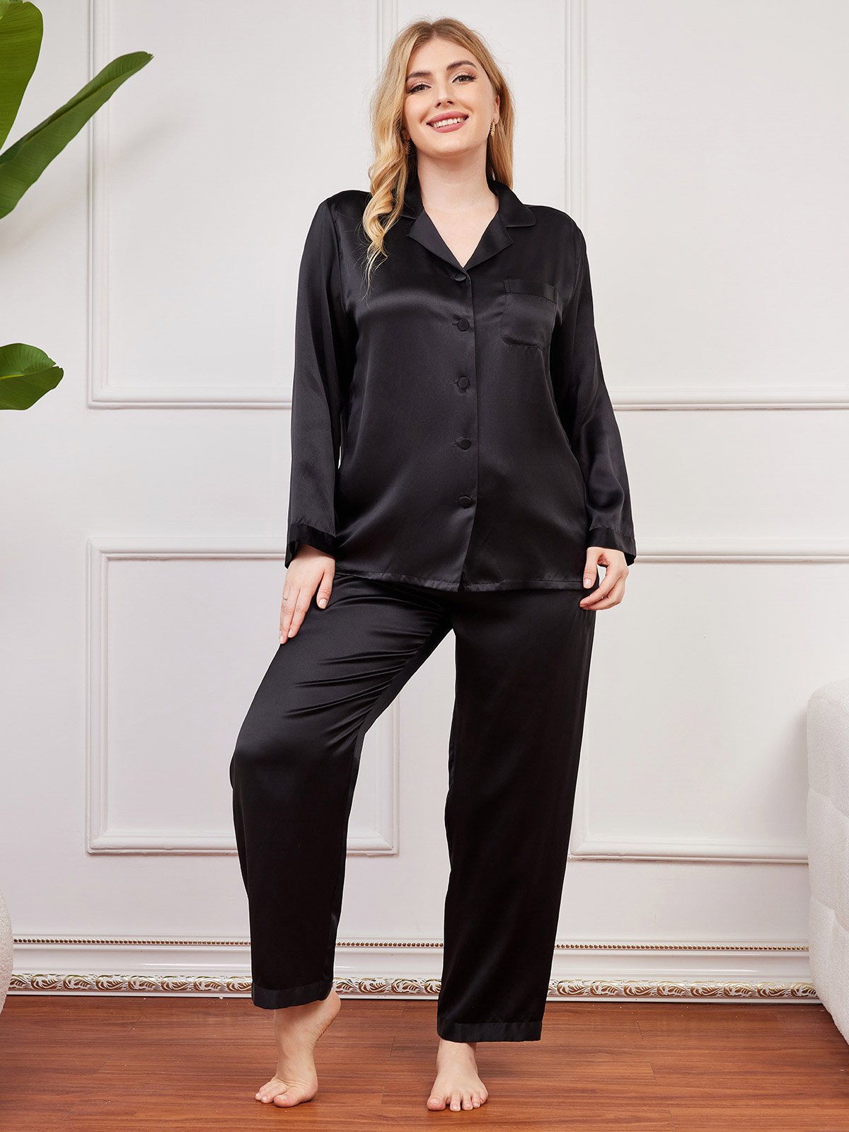 [Black] SilkSilky-CA Pure Silk Long Sleeve Lapel Plus Size Pajamas 001