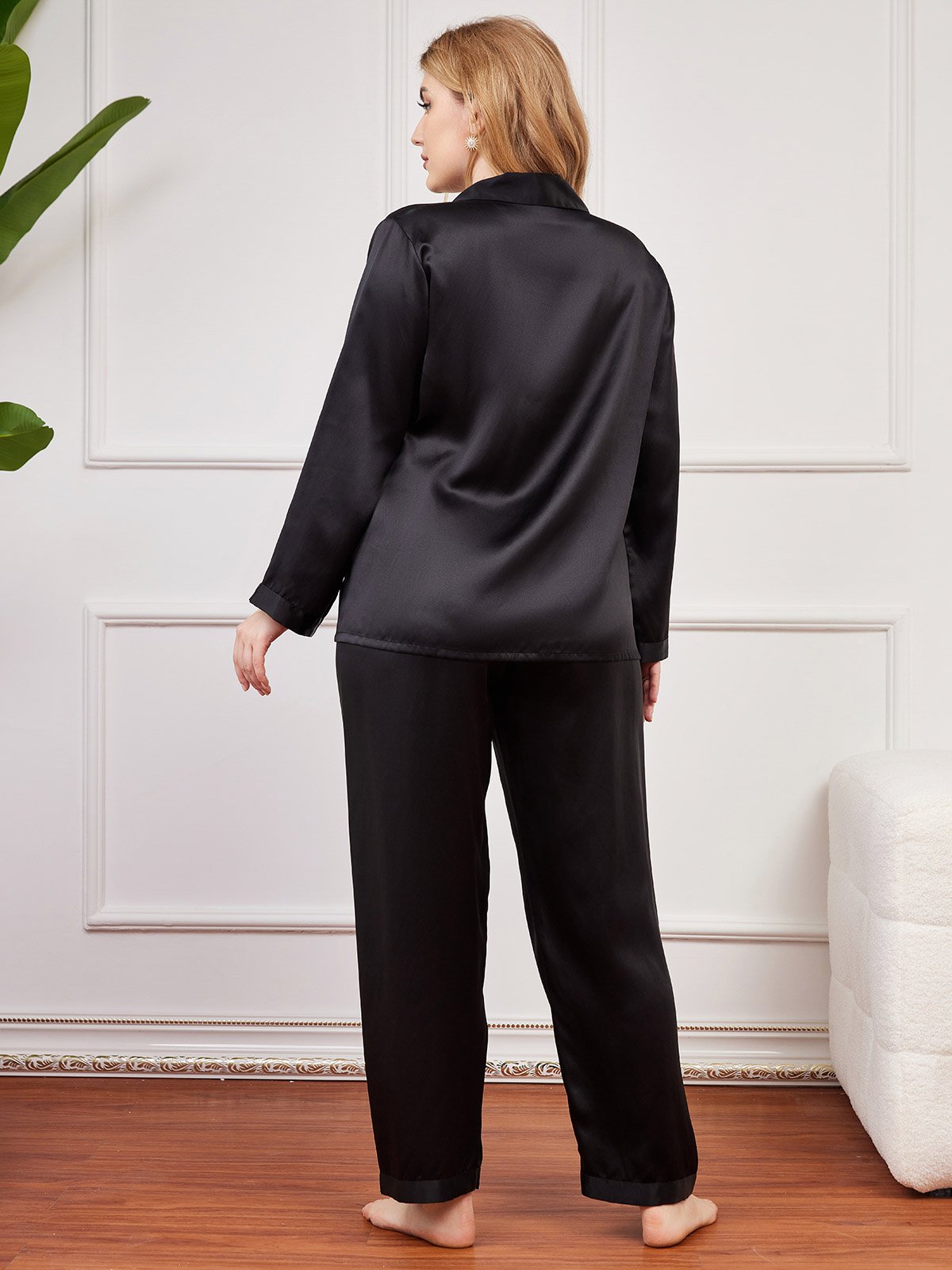 [Black] SilkSilky-CA Pure Silk Long Sleeve Lapel Plus Size Pajamas 002