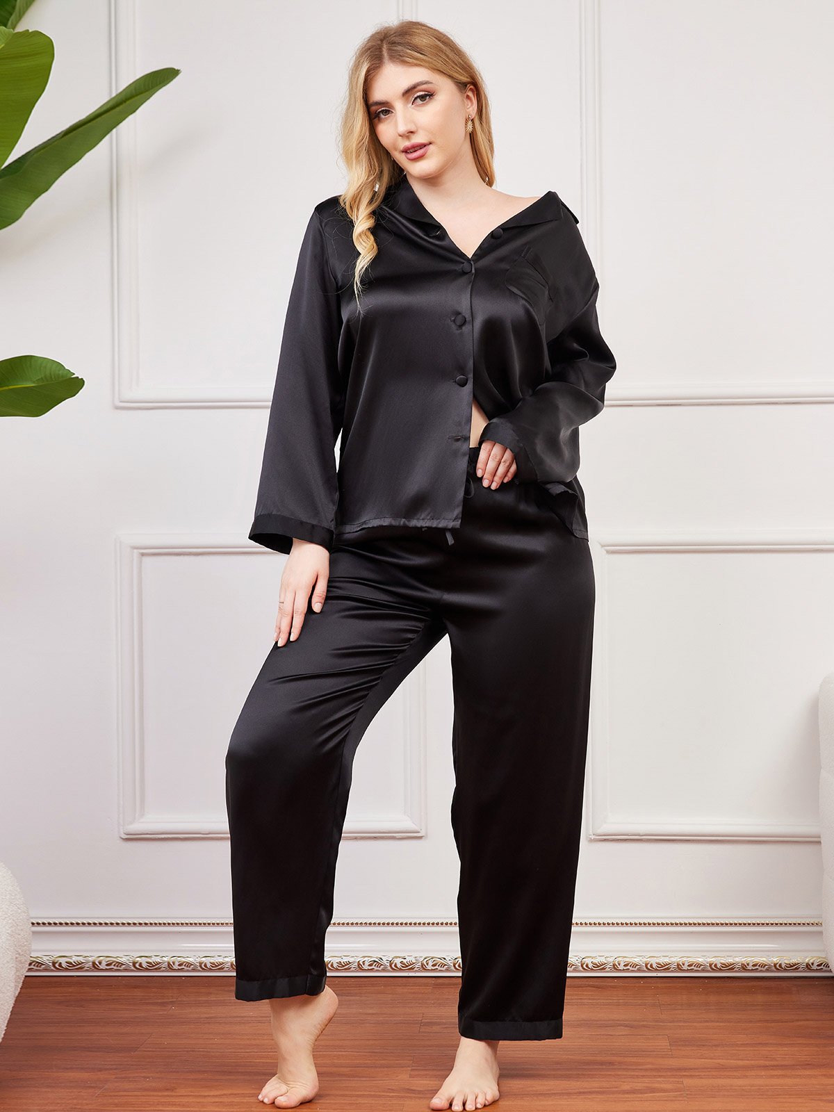 [Black] SilkSilky-CA Pure Silk Long Sleeve Lapel Plus Size Pajamas 003