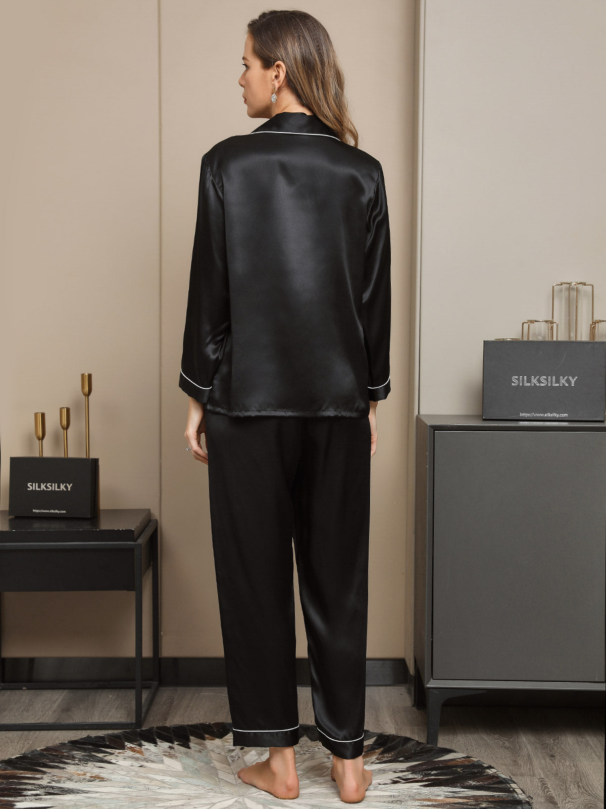 [Black] SilkSilky-CA Pure Silk Long Sleeve Lapel Women's Pajamas 002