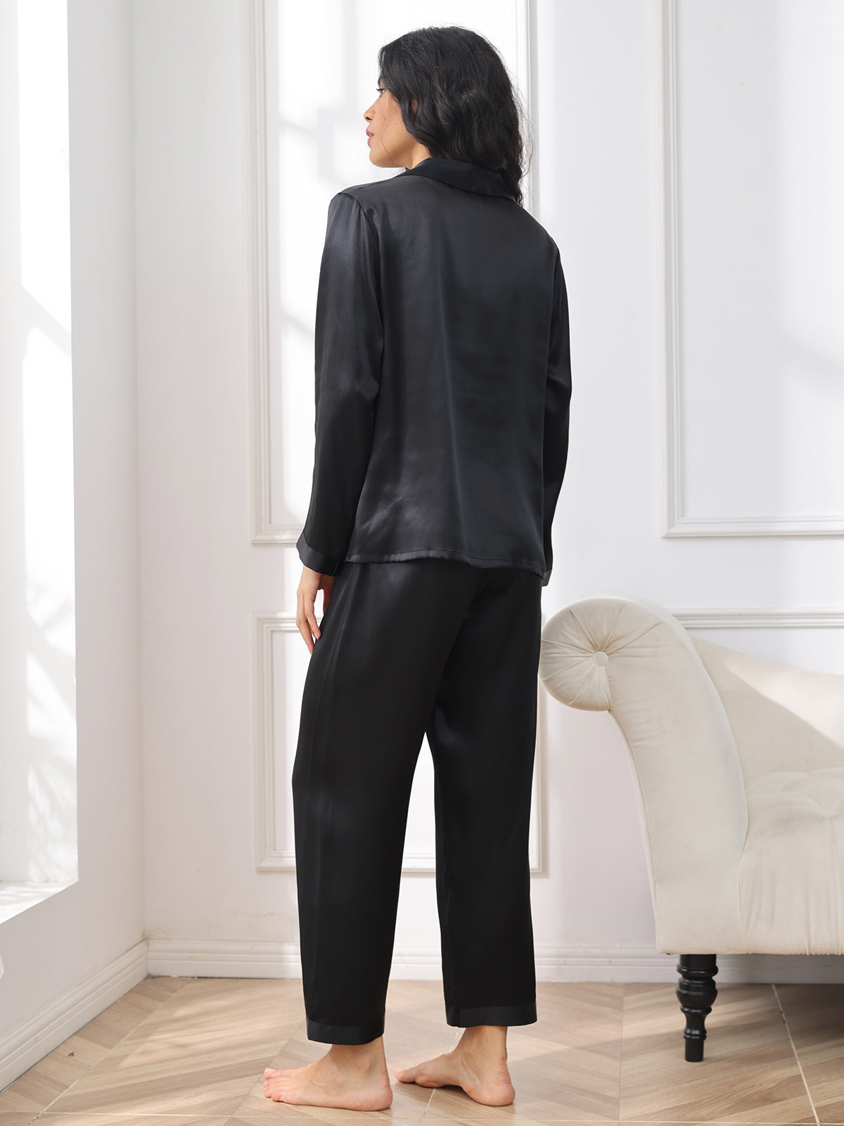 [Black] SilkSilky-CA Pure Silk Long Sleeve Lapel Women's Pajamas 002
