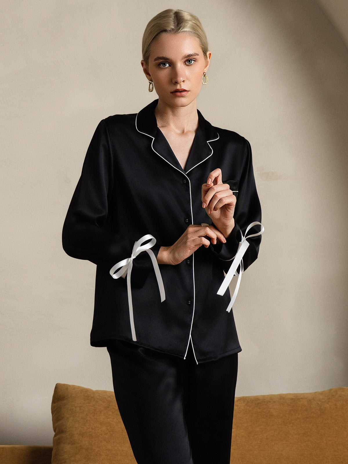 [Black] SilkSilky-CA Pure Silk Long Sleeve Lapel Women's Pajamas 003