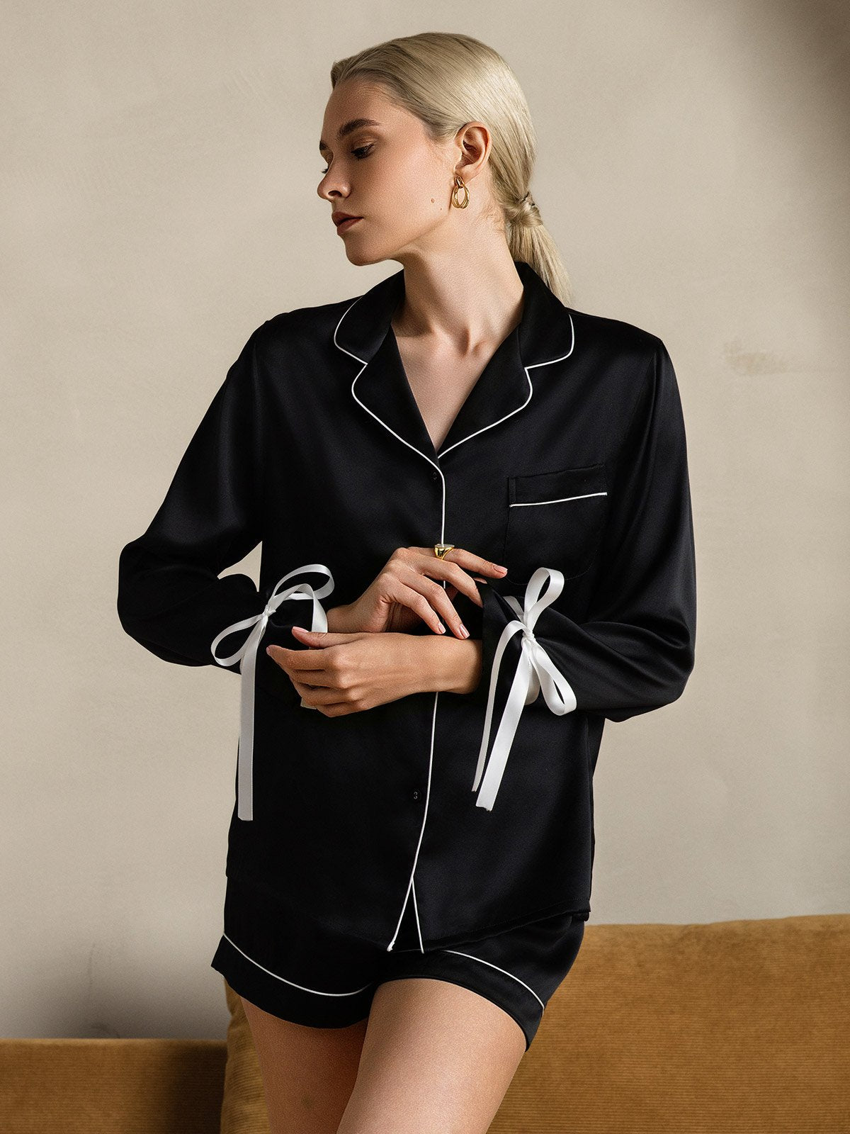 [Black] SilkSilky-CA Pure Silk Long Sleeve Lapel Women's Pajamas 003