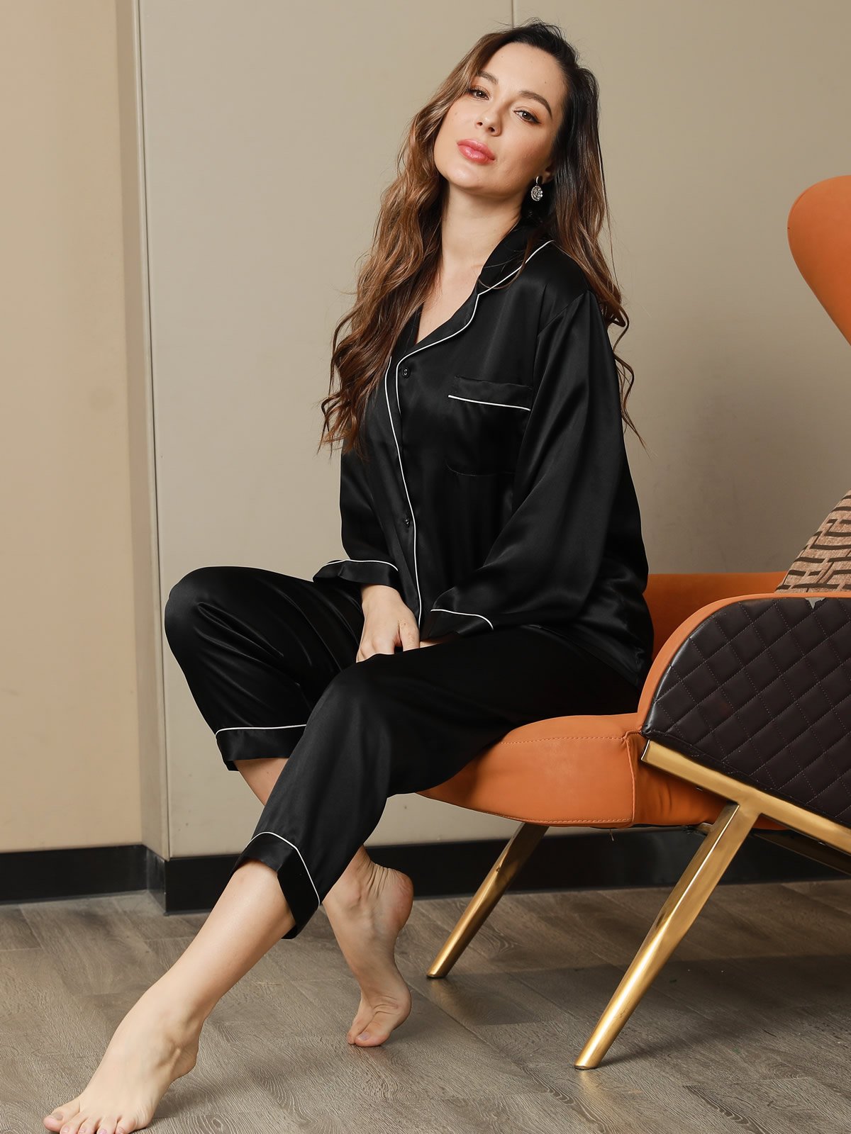 [Black] SilkSilky-CA Pure Silk Long Sleeve Lapel Women's Pajamas 004