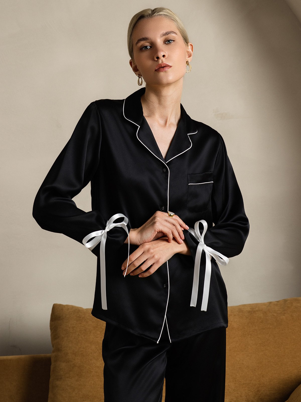 [Black] SilkSilky-CA Pure Silk Long Sleeve Lapel Women's Pajamas 004