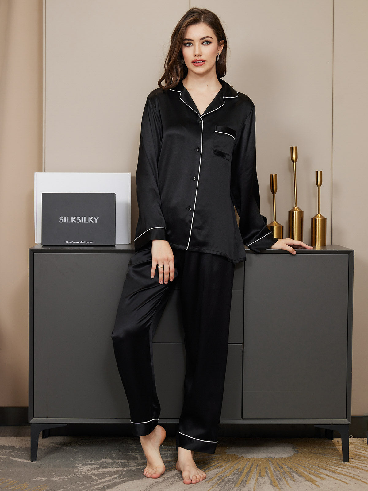 [Black] SilkSilky-CA Pure Silk Long Sleeve Lapel Women's Pajamas 005