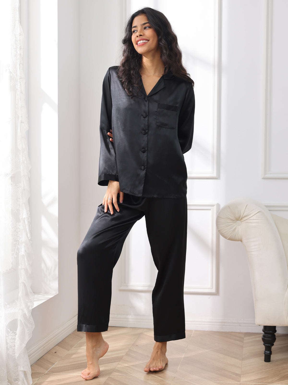 [Black] SilkSilky-CA Pure Silk Long Sleeve Lapel Women's Pajamas 005
