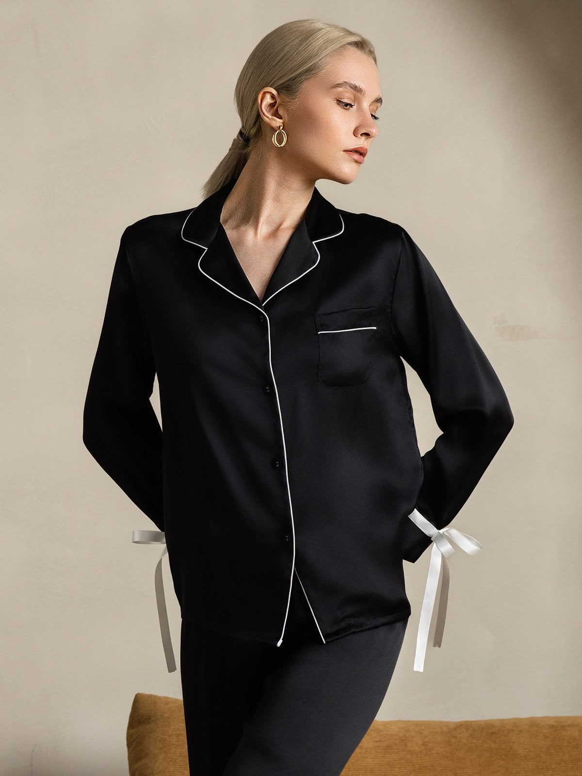 [Black] SilkSilky-CA Pure Silk Long Sleeve Lapel Women's Pajamas 005