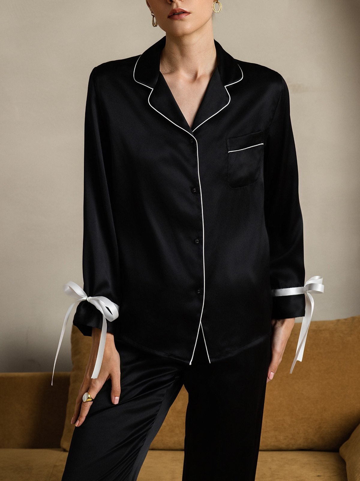 [Black] SilkSilky-CA Pure Silk Long Sleeve Lapel Women's Pajamas 007